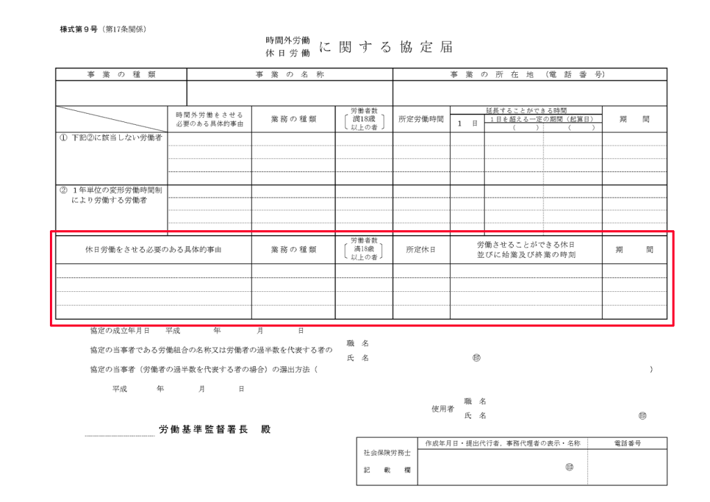 36協定の休日労働の記載方法は？